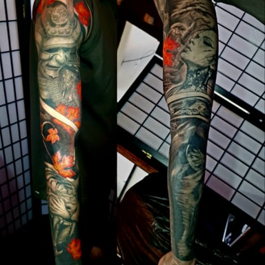 TattooGigs tattoo from Neil  G tattoo artist (Japanese traditional, Realism, Portrait, Black and grey, Dotwork, Fine-line style)